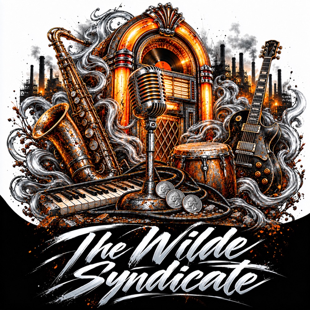 The Wilde Syndicate album cover: an orange-lit jukebox, microphone, sax, guitar, piano keys and three silver quarters, surrounded by silver smoke